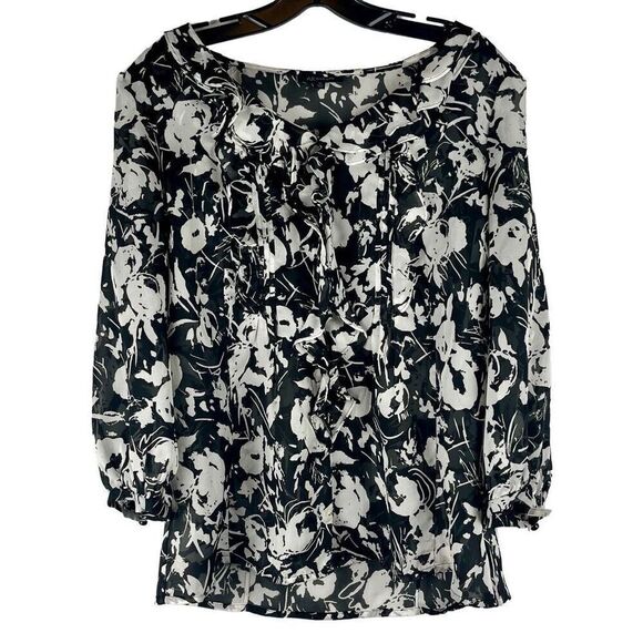 Anne Klein Black White Floral Ruffle Button Up Blouse Medium - Picture 1 of 13